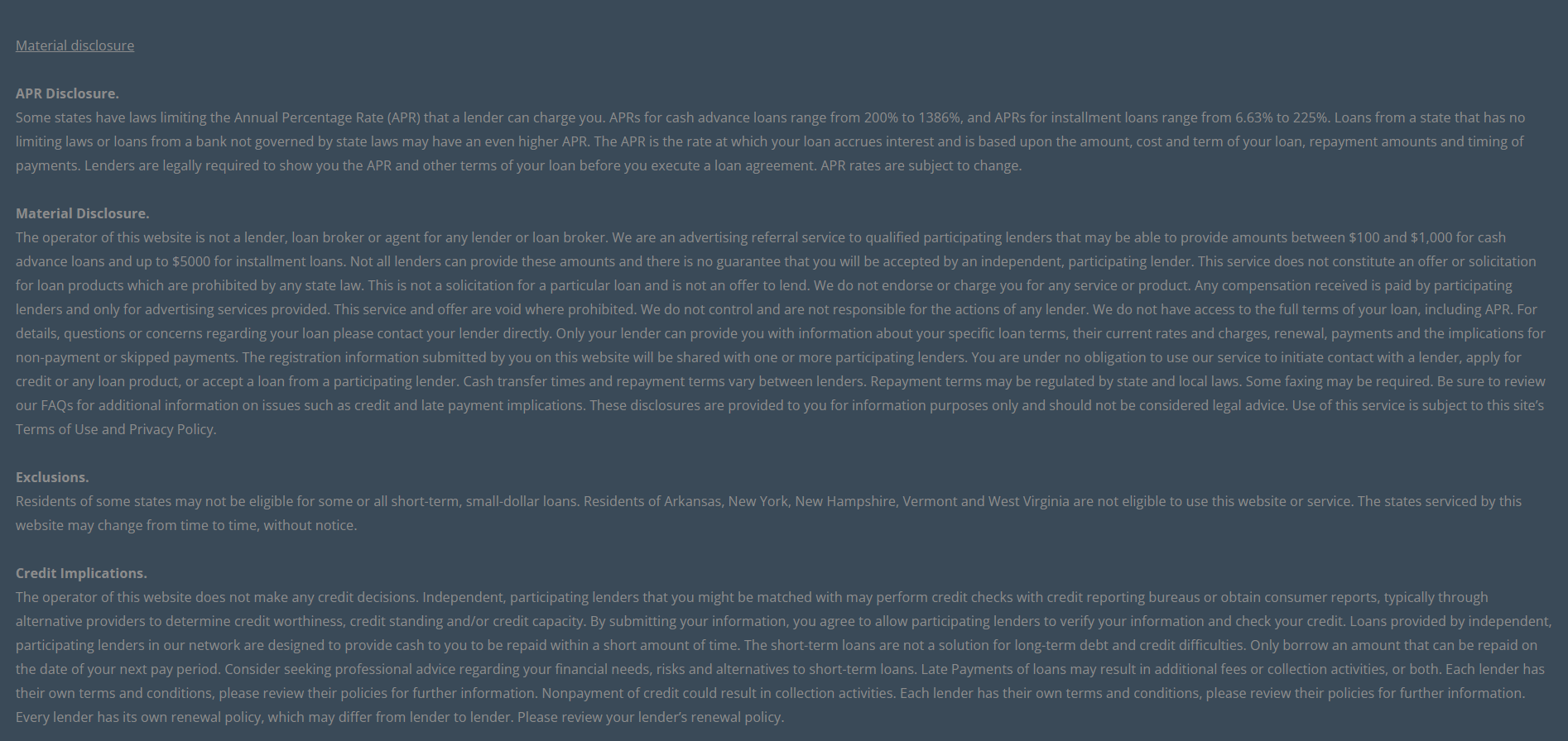 Material disclosure for payday loans in Denver Colorado